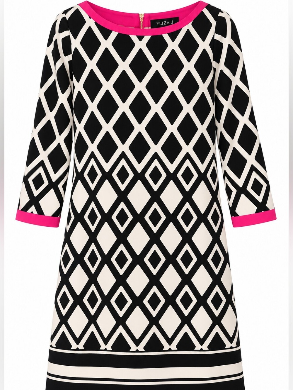 Eliza J Diamond Pattern Pink Trim 3/4 Bell Sleeve Shift Dress Size 6